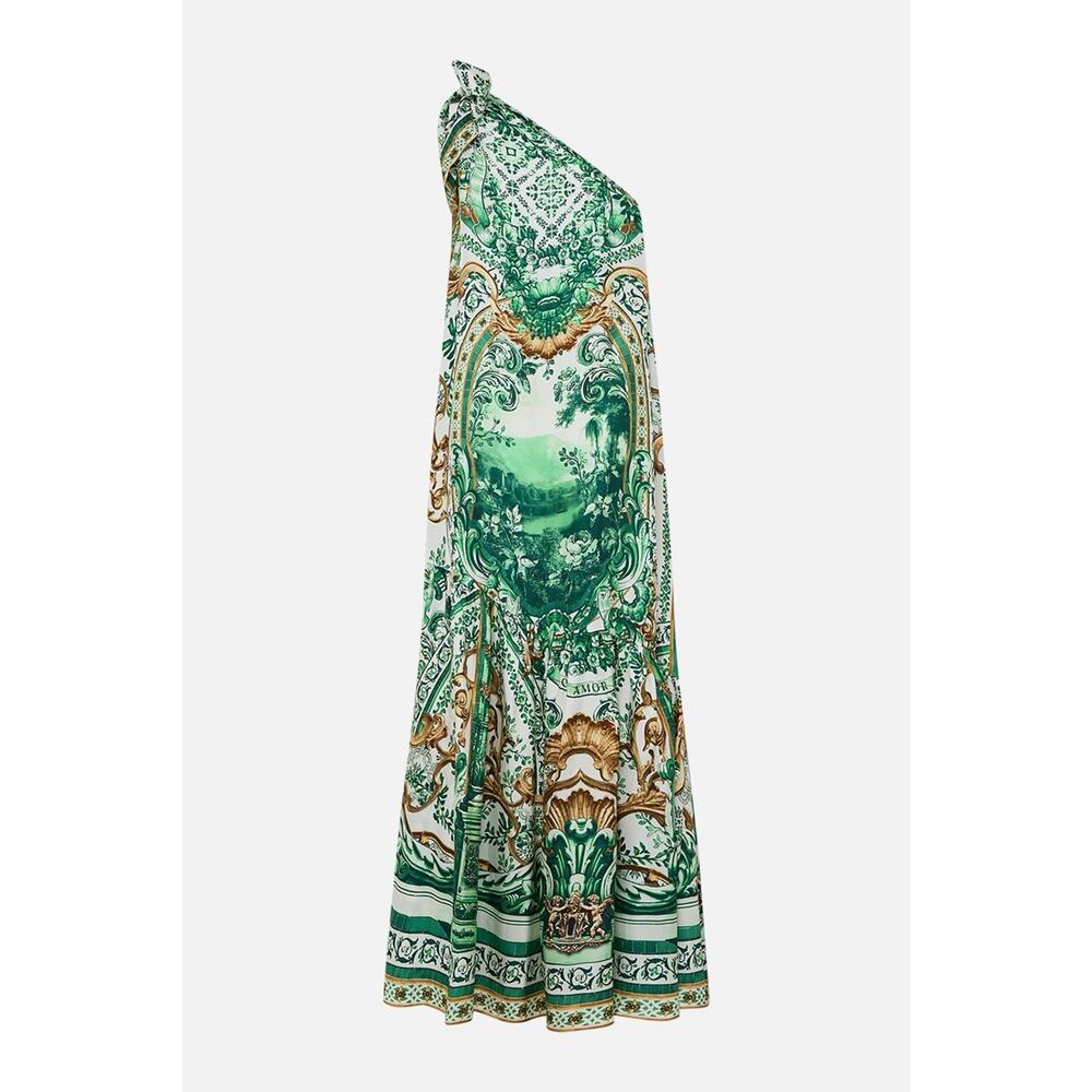 NWT Camilla Corridor Of Calm Green Silk One Shoulder Tie Maxi Dress sz M L - Picture 7 of 15